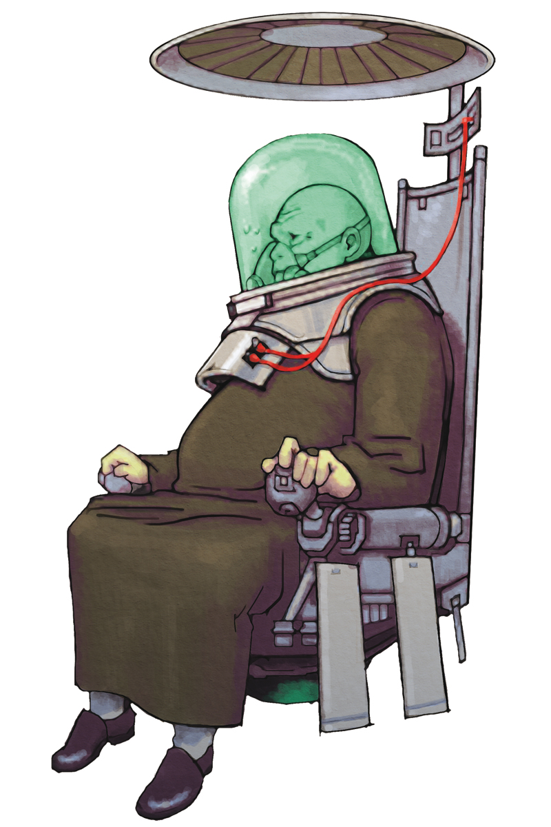 hirata ryou, von bolt (advance wars), advance wars, advance wars: dual strike, nintendo, highres, official art, 1boy, bald, cable, chair, fat, fat man, full body, helmet, male focus, mask, robe, shoes, simple background, sitting, socks, solo