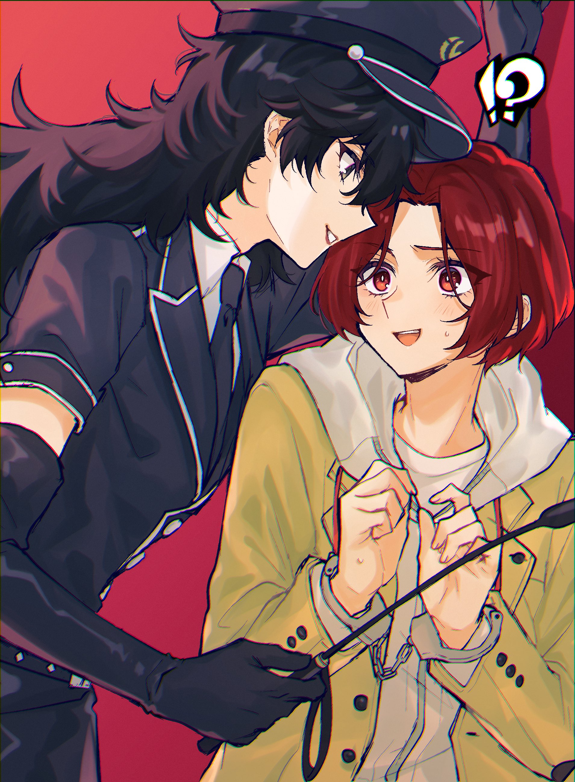 pentacle dark, amamiya ren, persona, persona 5, persona 5: the phantom x, absurdres, commentary request, highres, !?, 1boy, 1girl, arm up, baton (weapon), black eyes, black gloves, black hair, black hat, black jacket, black necktie, black skirt, blush, chromatic aberration, cuffs, curtained hair, elbow gloves, facing viewer, genderswap, genderswap (mtf), gloves, hair between eyes, handcuffs, hands up, hat, holding, holding baton (weapon), hood, hoodie, jacket, kamishiro nagisa, leaning forward, leather, leather jacket, leather skirt, long hair, looking at another, looking down, messy hair, necktie, open mouth, police, police hat, police uniform, policewoman, red background, red eyes, red hair, school uniform, shirt, short hair, simple background, skirt, sweatdrop, teeth, upper body, upper teeth only, weapon, white hoodie, white shirt, yellow jacket