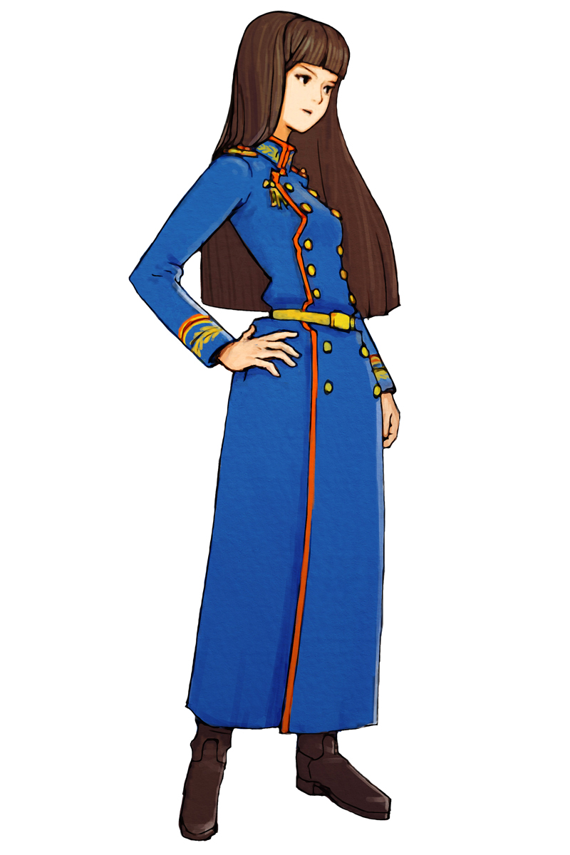 hirata ryou, sasha (advance wars), advance wars, advance wars: dual strike, nintendo, highres, official art, 1girl, belt, black eyes, black hair, blunt bangs, boots, brown hair, dress, female focus, flat chest, full body, hand on own hip, long hair, military, military uniform, simple background, smile, solo, standing, turtleneck