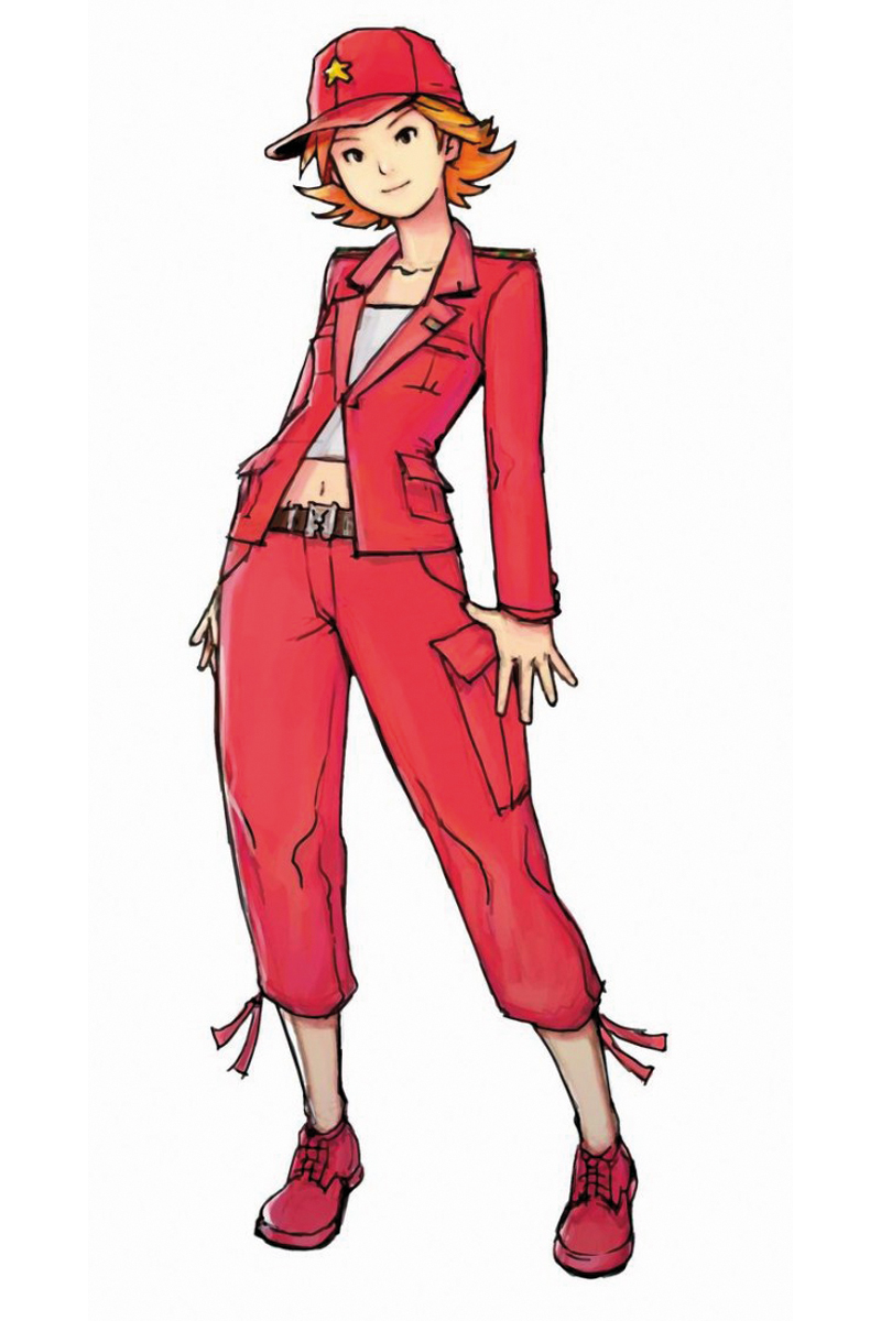 hirata ryou, rachel (advance wars), advance wars, advance wars: dual strike, nintendo, highres, official art, 1girl, belt, black eyes, female focus, flat chest, full body, hat, midriff, military, military uniform, navel, orange hair, shoes, short hair, simple background, smile, sneakers, socks, solo, standing