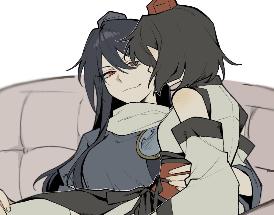 sakic43899, iizunamaru megumu, shameimaru aya, touhou, commentary request, 2girls, black collar, black hair, black skirt, blue gemstone, blue hat, blue shirt, blush, collar, couch, detached sleeves, ear blush, fingernails, gem, grey shirt, hair over eyes, hand on another's waist, hat, kourindou tengu costume, light smile, long hair, multiple girls, pointy ears, profile, red eyes, red hat, red sash, sash, shirt, short hair, shoulder blush, sitting, sitting on lap, sitting on person, skirt, slit pupils, tokin hat, white background