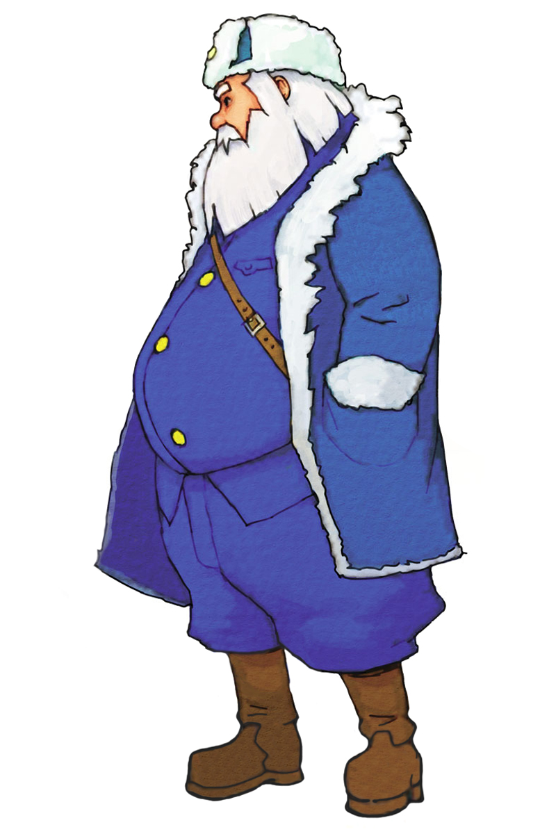 hirata ryou, olaf (advance wars), whip (famicom wars), advance wars, advance wars: dual strike, nintendo, highres, official art, 1boy, beard, black eyes, boots, coat, facial hair, fat, fat man, full body, fur hat, fur trim, hand in pocket, hat, male focus, military, military uniform, open clothes, profile, short hair, simple background, solo, standing, strap, white hair