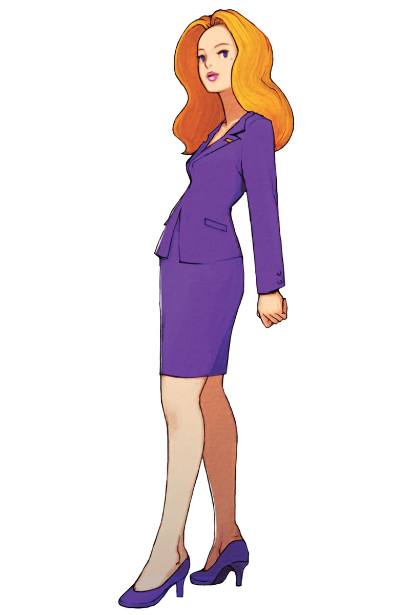hirata ryou, nell (advance wars), advance wars, advance wars: dual strike, nintendo, highres, official art, 1girl, blonde hair, blue eyes, female focus, formal clothes, full body, high heels, jacket, lips, lipstick, long hair, looking back, makeup, mole, mole under eye, office lady, open mouth, pencil skirt, purple shoes, shoes, simple background, skirt, skirt suit, solo, standing, suit