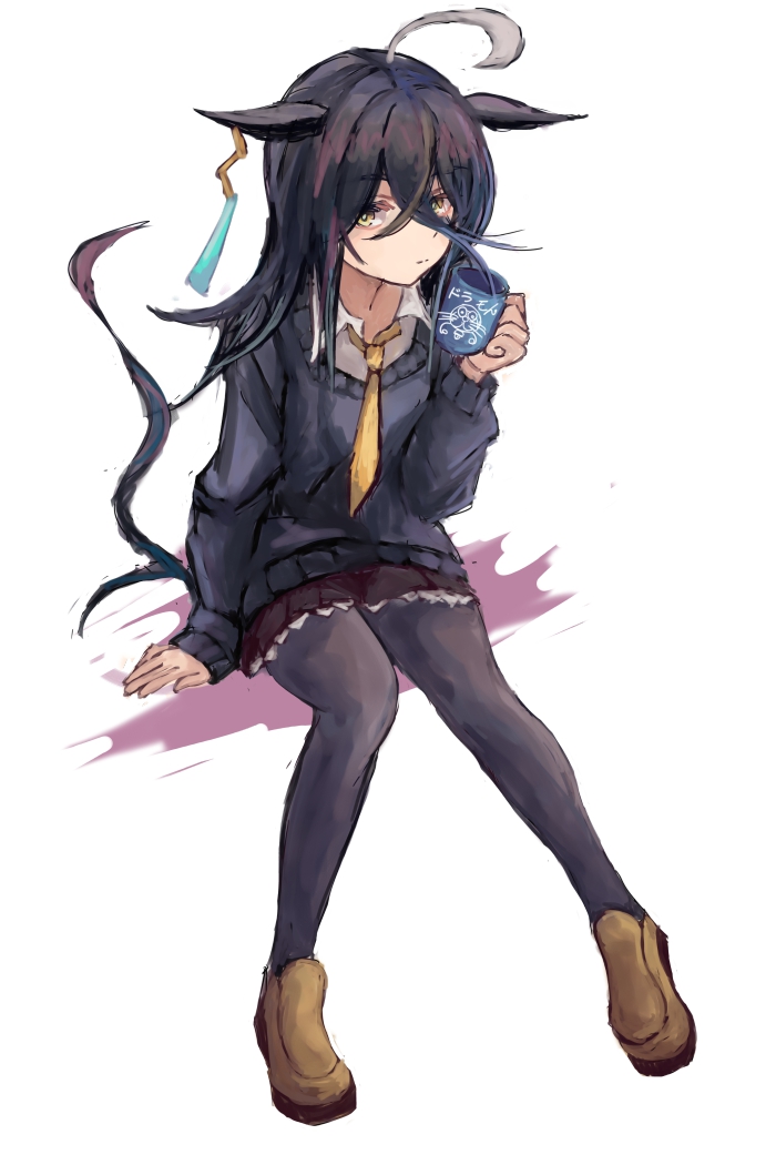yanagi wakana, manhattan cafe (umamusume), umamusume, 1girl, ahoge, animal ears, black hair, black pantyhose, black skirt, closed mouth, coffee mug, collared shirt, cup, ear tag, earrings, hair between eyes, holding, holding cup, horse ears, horse girl, horse tail, jewelry, long bangs, long hair, long hair between eyes, long sleeves, looking at viewer, mug, multicolored hair, necktie, pantyhose, pleated skirt, shirt, shoes, simple background, single earring, skirt, solo, sweater, tail, white hair, white shirt, yellow eyes, yellow necktie