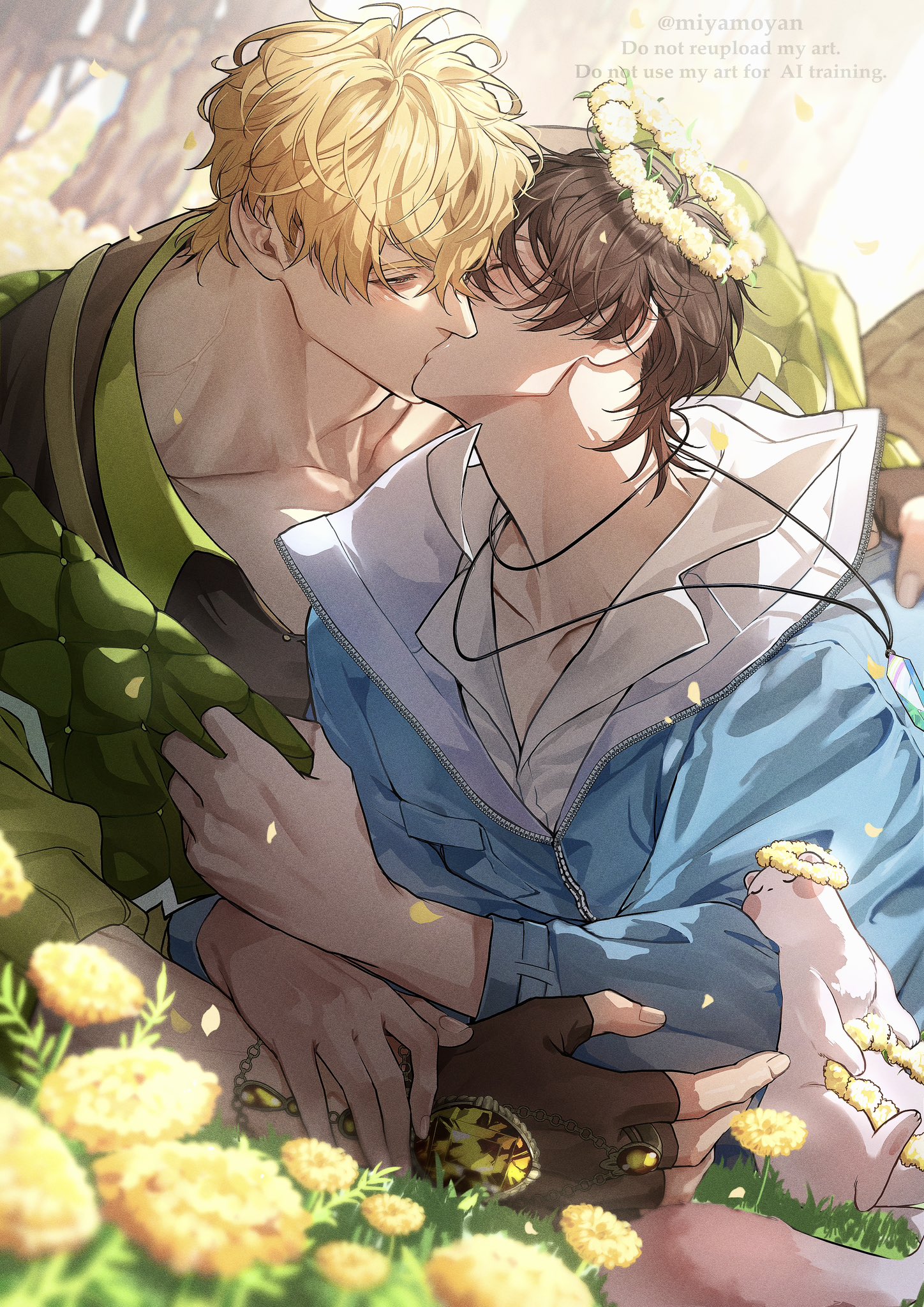 miyamoyan, eiden (nu carnival), quincy (nu carnival), topper (nu carnival), nu carnival, commentary, english commentary, highres, 2boys, black gloves, black shirt, blonde hair, blue jacket, brown hair, closed eyes, clothes grab, collarbone, fingerless gloves, flower, flower wreath, gloves, grass, hand on another's shoulder, jacket, kiss, looking at another, male focus, multiple boys, open clothes, open shirt, shirt, two-sided fabric, two-sided jacket, weasel, white flower, white shirt, yaoi, yellow flower, zipper