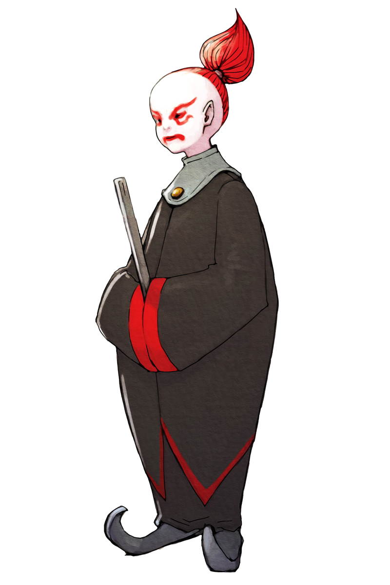 hirata ryou, koal (advance wars), advance wars, advance wars: dual strike, nintendo, highres, official art, 1boy, black eyes, facepaint, folded fan, folding fan, hand fan, high ponytail, long sleeves, male focus, ponytail, red hair, robe, short hair, simple background, solo, standing, turtleneck