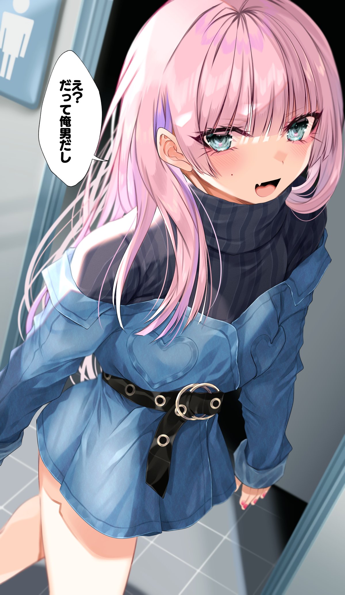 shisei (kyuushoku banchou), original, highres, translated, 1boy, aegyo sal, arms at sides, bare legs, belt, belt around waist, black belt, black sweater, blunt bangs, blunt sidelocks, blush, crossdressing, crossdressing (mtf), denim dress, dress, fang, furrowed brow, green eyes, hair between eyes, heart, hime cut, indoors, legs, long hair, looking at another, looking at viewer, makeup, male focus, mole, mole on cheek, nail polish, off-shoulder dress, off shoulder, open mouth, pink hair, pink nails, pov, public restroom, ribbed sweater, short dress, sidelocks, skin fang, sleeves past wrists, solo, speech bubble, straight hair, sweater, tile floor, tiles, tongue, trap, turtleneck, turtleneck sweater, walking