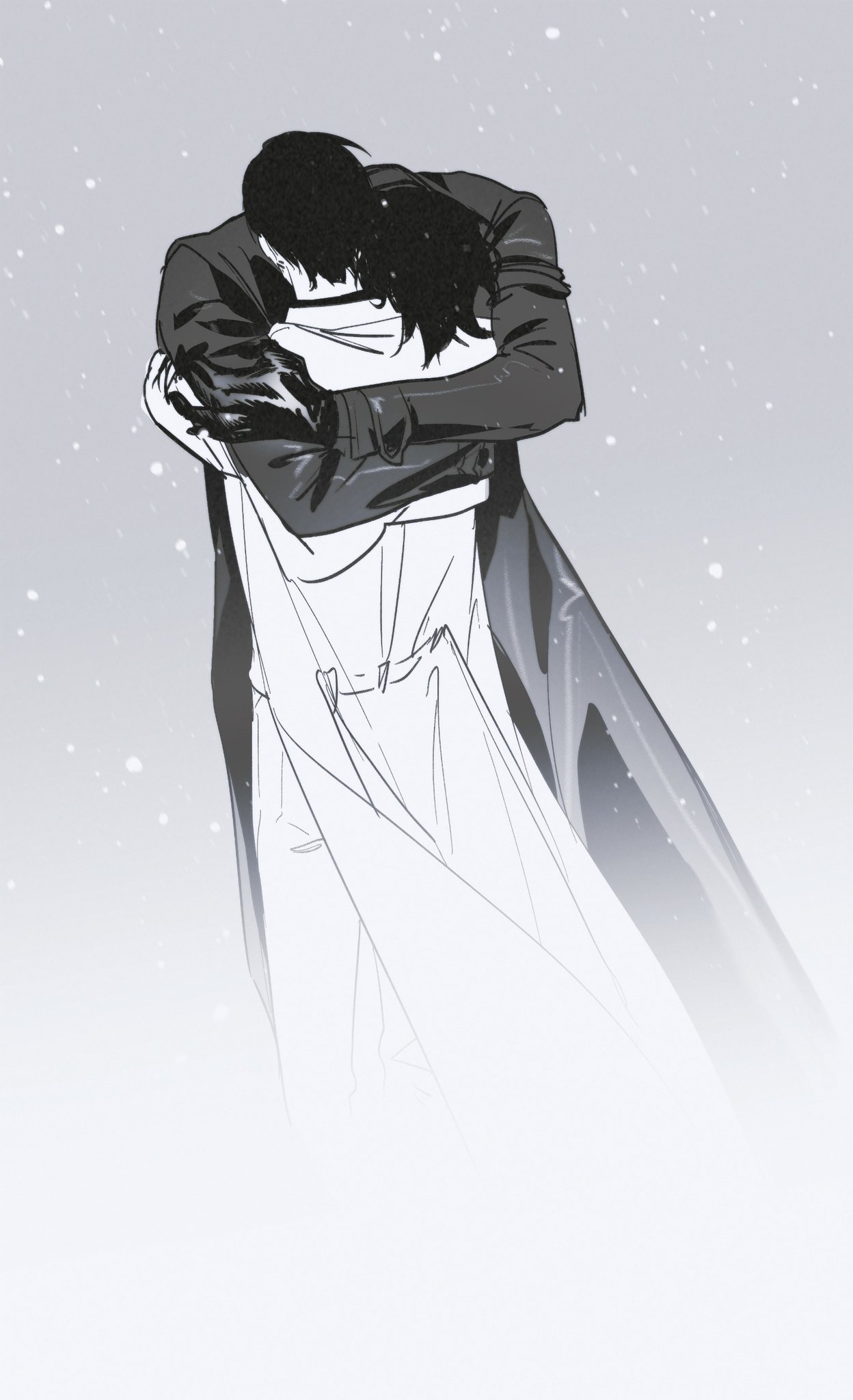 kim dokja, yoo joonghyuk, omniscient reader's viewpoint, highres, 2boys, arm around back, black coat, black hair, coat, eyesoffyou0003, fading, greyscale, head down, hug, male focus, monochrome, multiple boys, popped collar, short hair, snow, snowing, white coat