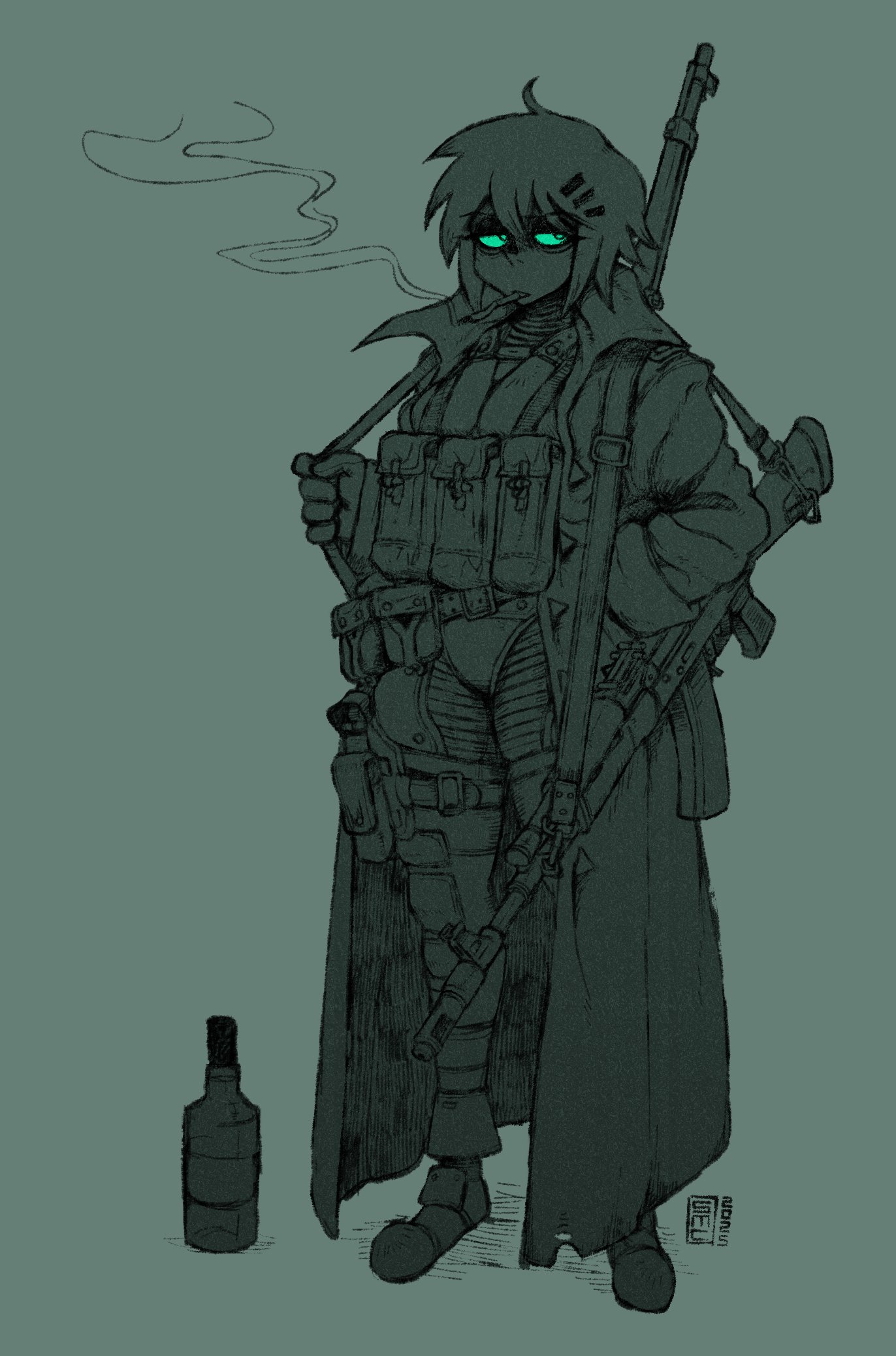 submarinechamomile, original, highres, 1girl, ammunition pouch, bags under eyes, beer bottle, bodysuit, boots, cigarette, coat, green background, green eyes, gun, hair ornament, hairclip, hand in pocket, handgun, holster, kalashnikov rifle, looking to the side, over shoulder, pouch, rifle, short hair, signature, smoking, solo, tactical clothes, weapon, weapon on back, weapon over shoulder