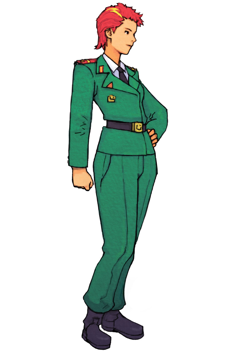 hirata ryou, hannah, advance wars, advance wars: dual strike, nintendo, highres, official art, 1girl, androgynous, belt, black boots, black eyes, blonde hair, blouse, boots, clenched hand, collared shirt, female focus, flat chest, full body, hand on own hip, military, military uniform, multicolored hair, necktie, profile, red hair, shirt, short hair, simple background, smile, solo, standing, tomboy, two-tone hair, white shirt