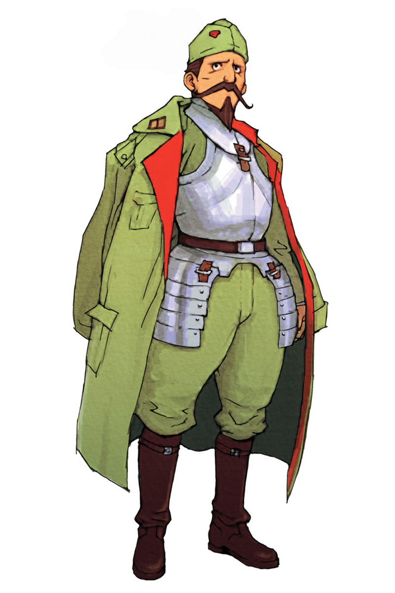 hirata ryou, javier (advance wars), advance wars, advance wars: dual strike, nintendo, highres, official art, 1boy, armor, beard, belt, black eyes, boots, brown hair, coat, facial hair, full body, garrison cap, hat, knee boots, male focus, military, military uniform, mustache, open clothes, short hair, simple background, solo, standing, trench coat