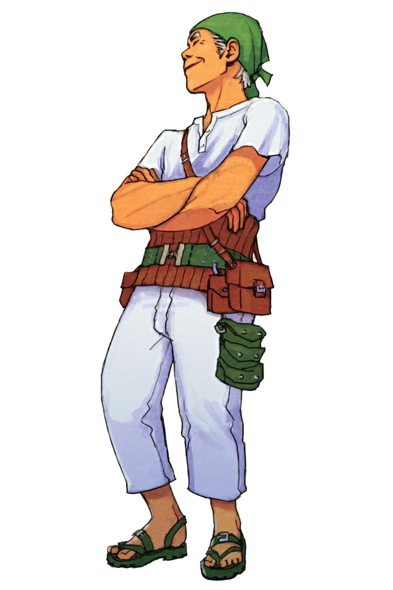hirata ryou, hachi (advance wars), advance wars, advance wars: dual strike, nintendo, highres, official art, 1boy, bag, bandana, belt, belt pouch, closed eyes, crossed arms, feet, male focus, pouch, profile, sandals, satchel, short hair, sideburns, simple background, smile, solo, standing, tan, white hair