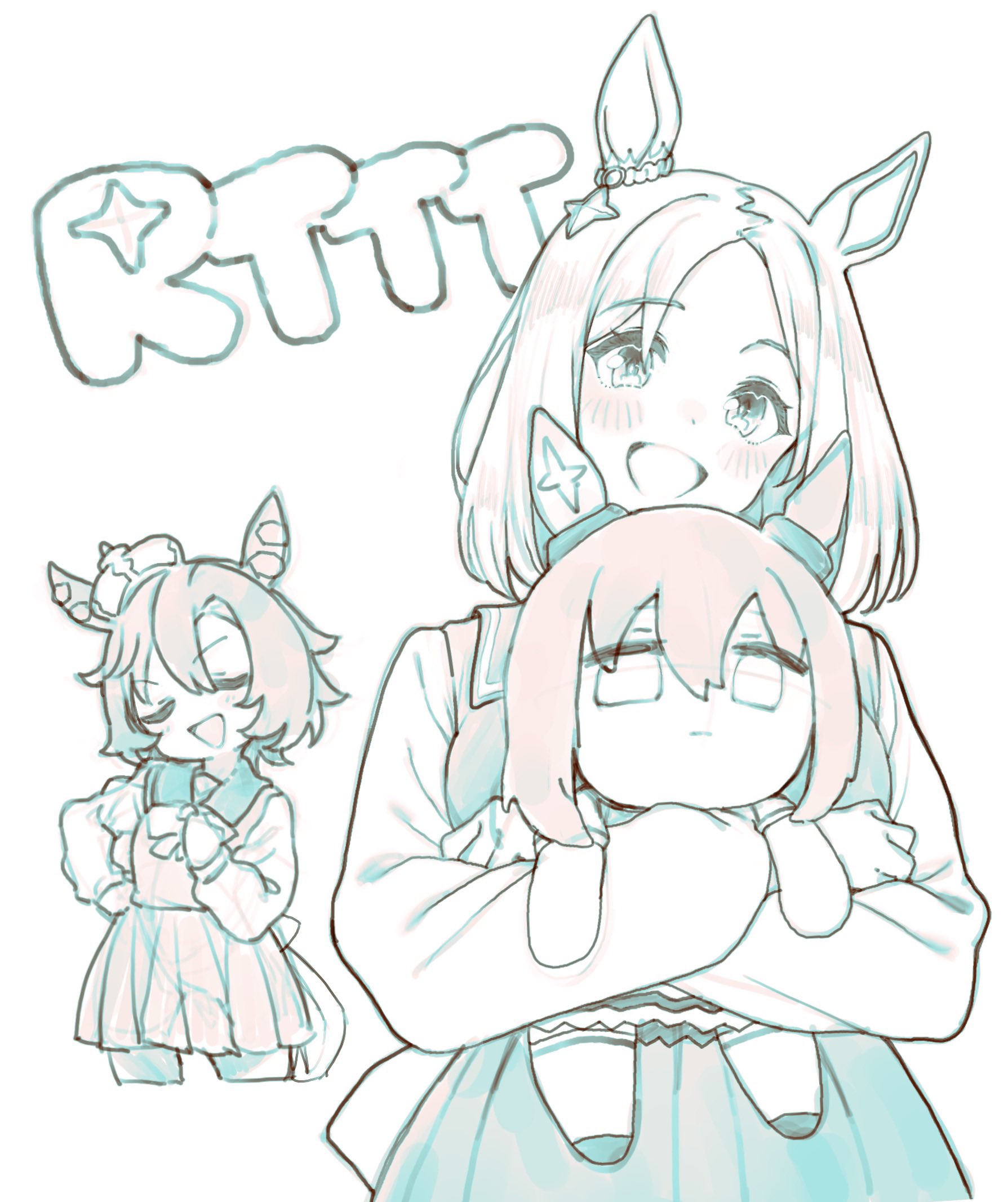 nosir onadat, admire vega (umamusume), narita top road (umamusume), t.m. opera o (umamusume), umamusume, umamusume: road to the top, highres, 2girls, animal ears, blush, character doll, crown, deformed, doll, holding, holding doll, horse ears, horse girl, horse tail, limited palette, mini crown, multiple girls, open mouth, sailor collar, sailor shirt, school uniform, shirt, short hair, skirt, tail, tracen school uniform