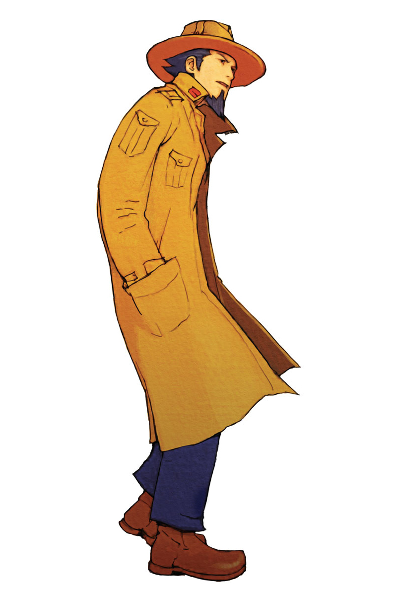 hirata ryou, advance wars, advance wars: dual strike, nintendo, highres, official art, 1boy, black eyes, blue hair, coat, facial hair, full body, goatee, grit (advance wars), hand in pocket, hat, male focus, military, military uniform, open mouth, shoes, short hair, sideburns, simple background, solo, spiked hair, standing, trench coat