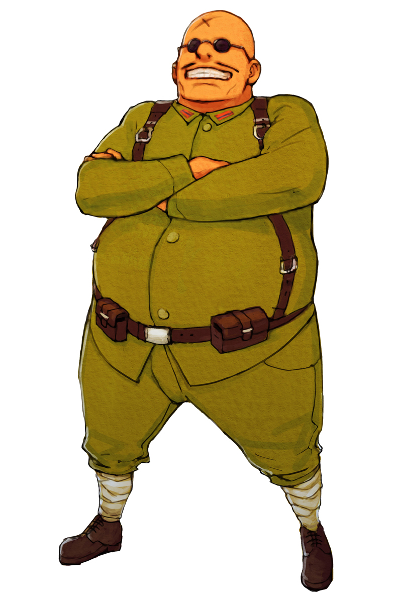 hirata ryou, kouzou, advance wars, advance wars: dual strike, nintendo, highres, official art, 1boy, bald, belt, belt pouch, cross scar, crossed arms, facial hair, fat, fat man, full body, grin, legs apart, male focus, military, military uniform, mustache, pouch, scar, shoes, simple background, smile, socks, solo, standing, sunglasses, suspenders, teeth