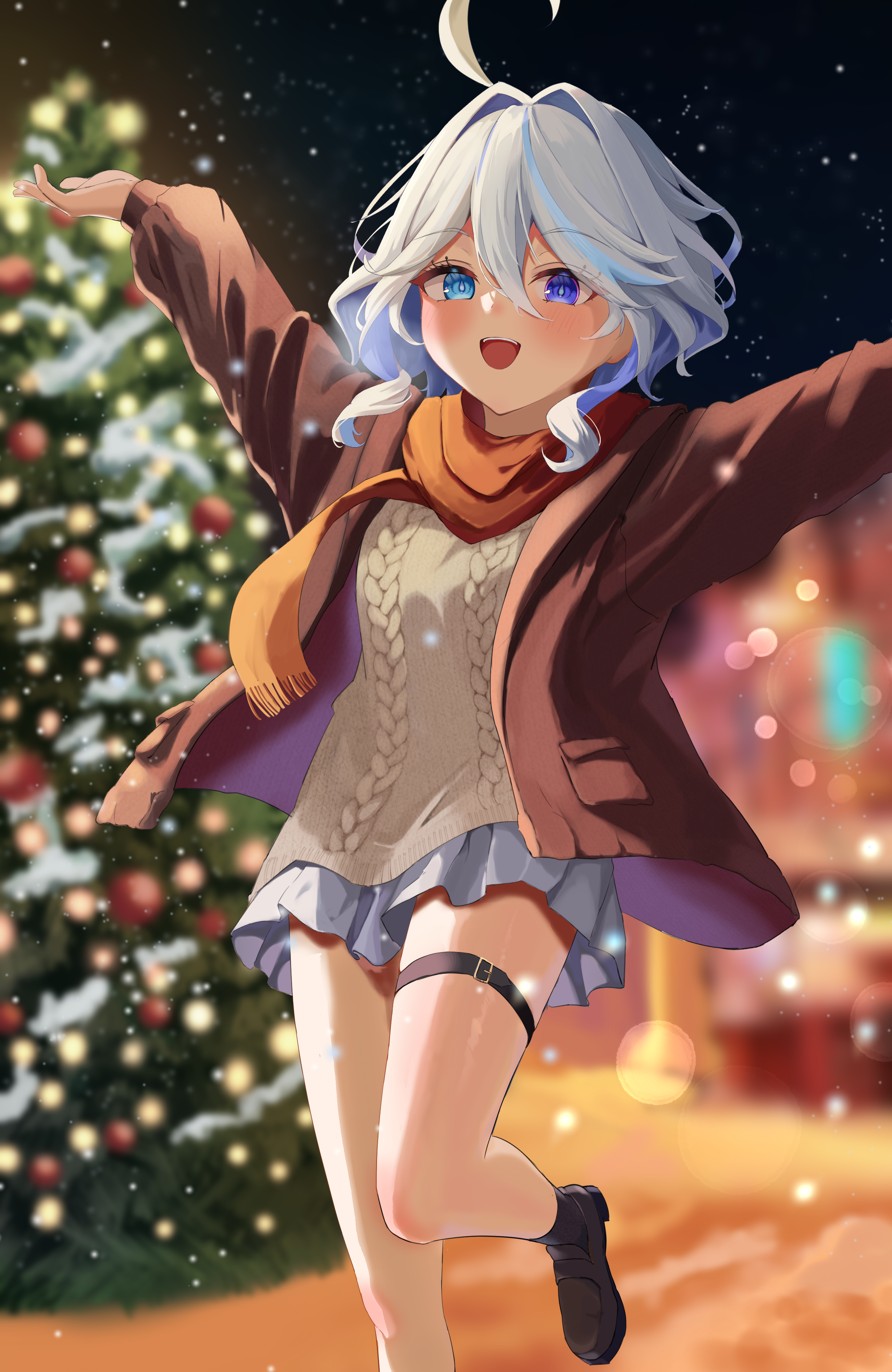 yukineco 0928, furina (genshin impact), genshin impact, absurdres, highres, 1girl, blue eyes, blue hair, blush, brown jacket, brown scarf, christmas tree, hair between eyes, heterochromia, jacket, long sleeves, medium hair, multicolored hair, open mouth, scarf, skirt, smile, solo, streaked hair, sweater, white hair, white skirt, white sweater