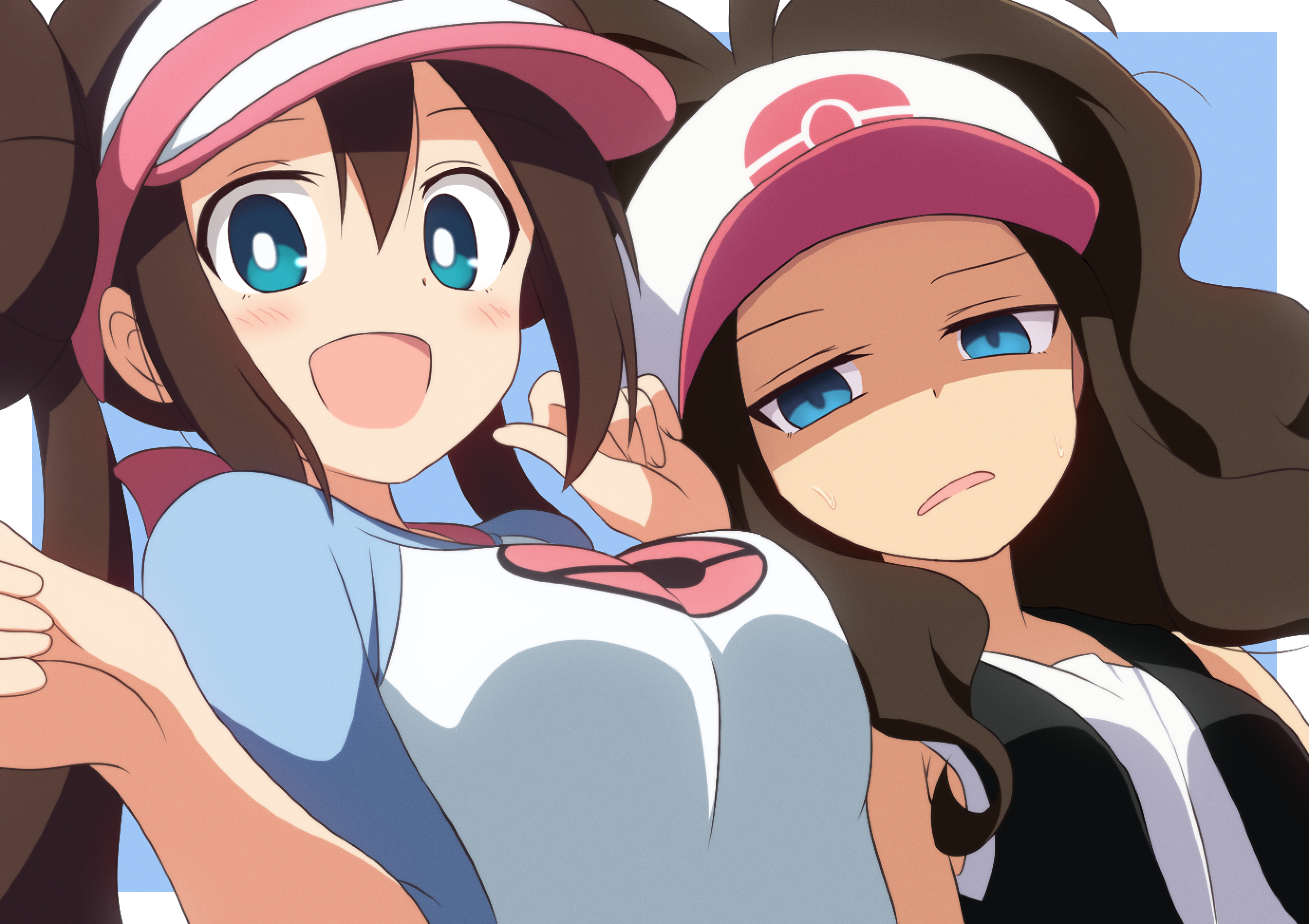 curakuru, hilda (pokemon), rosa (pokemon), nintendo, pokemon, pokemon bw, pokemon bw2, highres, 2girls, :d, baseball cap, black vest, blue eyes, blush, breast envy, breasts, bright pupils, brown hair, donut hair bun, double bun, hair bun, half-closed eyes, hat, high ponytail, long hair, medium breasts, multiple girls, open clothes, open mouth, open vest, poke ball print, ponytail, raglan sleeves, shaded face, shirt, smile, twintails, vest, visor cap, white pupils, white shirt