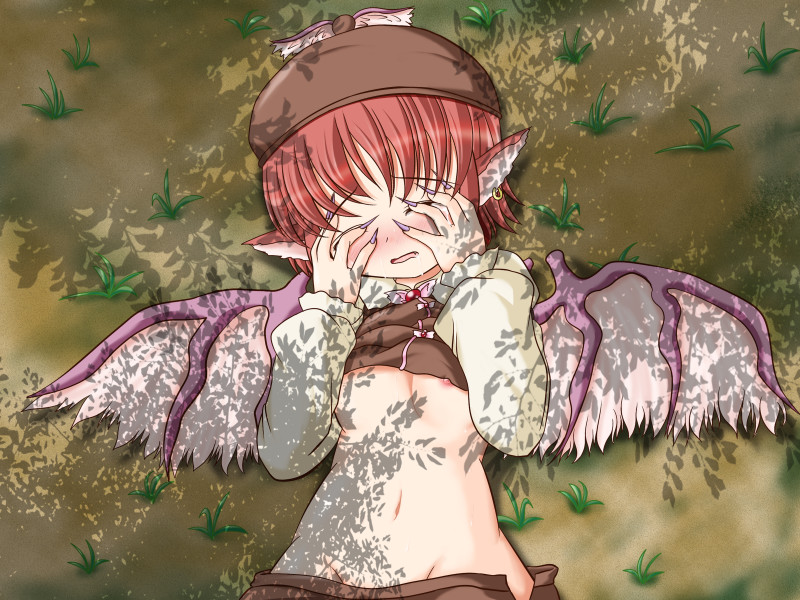 riku (rikkuru), mystia lorelei, touhou, 1girl, animal ears, blush, breasts, closed eyes, clothes lift, female focus, flat chest, hat, imminent rape, nipple slip, nipples, shirt lift, solo, wings, you gonna get raped
