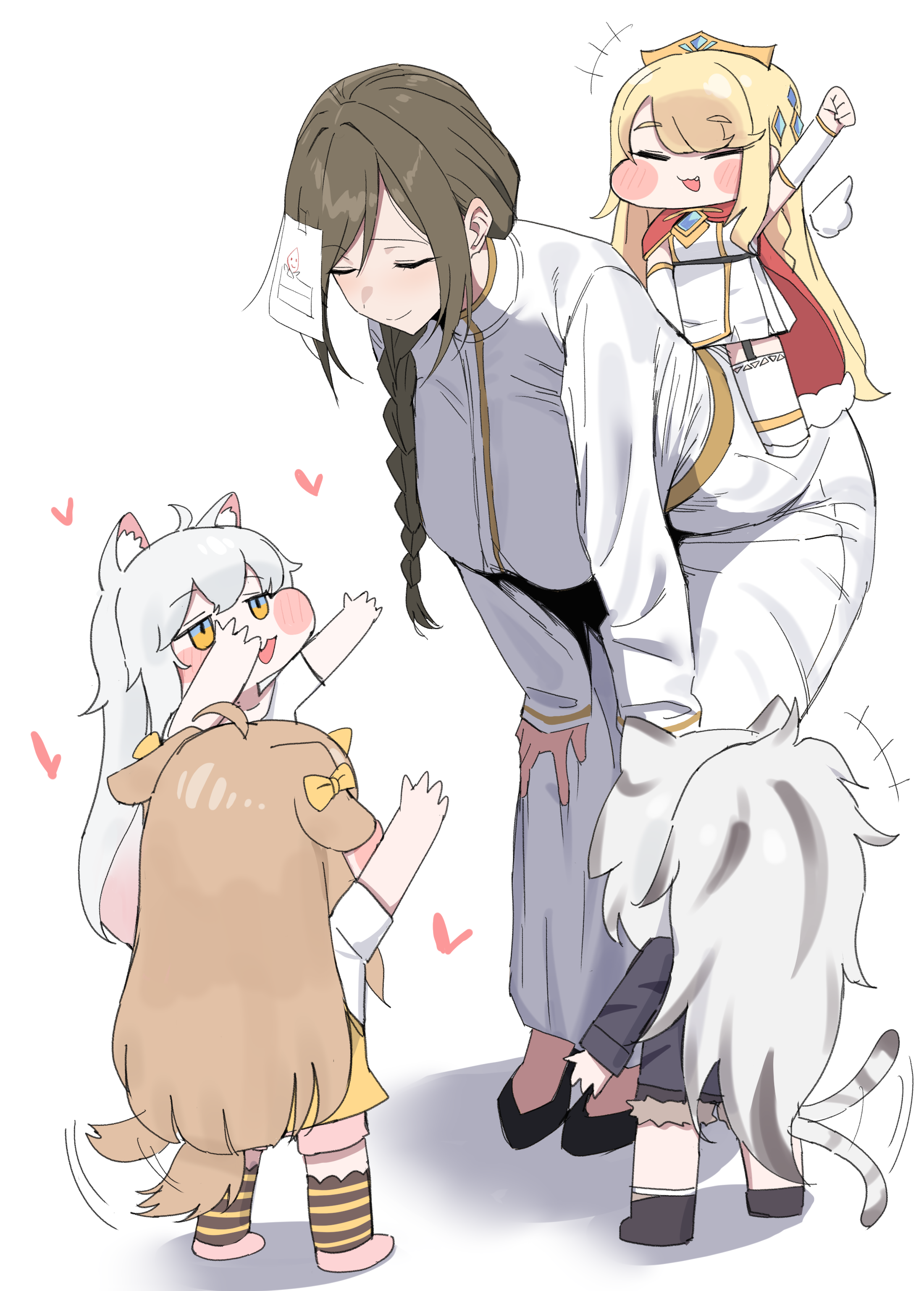 xipa, butter (trickcal), erpin (trickcal), kommy (trickcal), leader (trickcal), trickcal, absurdres, highres, 5girls, ahoge, animal ear fluff, animal ears, arms up, bent over, black shoes, blush stickers, breasts, brown hair, carrying, cat ears, cat girl, cat tail, closed eyes, closed mouth, dog ears, dog girl, dog tail, dress, grey hair, large breasts, long hair, long sleeves, multiple girls, open mouth, paper on head, piggyback, shoes, simple background, smile, standing, tail, tail wagging, thighhighs, white background, white dress, white thighhighs