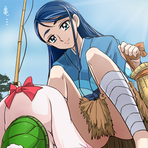 haruyama kazunori, milk (precure 5), milk (yes! precure 5), minazuki karen, precure, yes! precure 5, lowres, 00s, 1girl, blue eyes, blue hair, female focus, japanese clothes, long hair, matching hair/eyes, no panties, skirt, solo, squatting, turtle shell