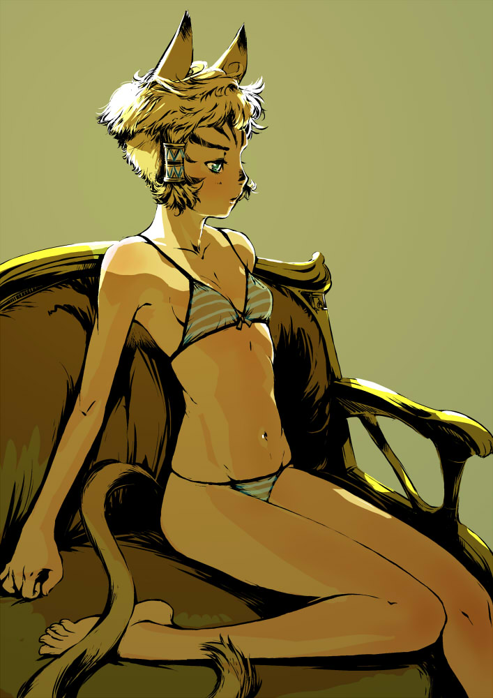 branch (blackrabbits), mithra (ff11), final fantasy, final fantasy xi, bad id, bad pixiv id, 00s, 1girl, animal ears, barefoot, blonde hair, blue eyes, bra, cat ears, cat tail, couch, female focus, lingerie, navel, panties, short hair, sitting, solo, striped bra, striped clothes, striped panties, tail, underwear, underwear only