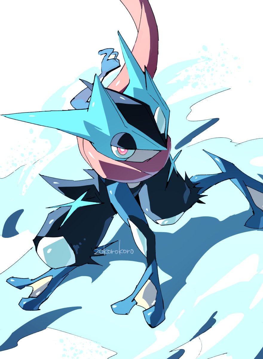 korosliszt, greninja, mega greninja, nintendo, pokemon, highres, arm support, blue skin, colored skin, gen 6 pokemon, looking at viewer, mega pokemon, outstretched arm, pokemon (creature), pokemon focus, red eyes, sanpaku, scarf, tongue, twitter username, white background