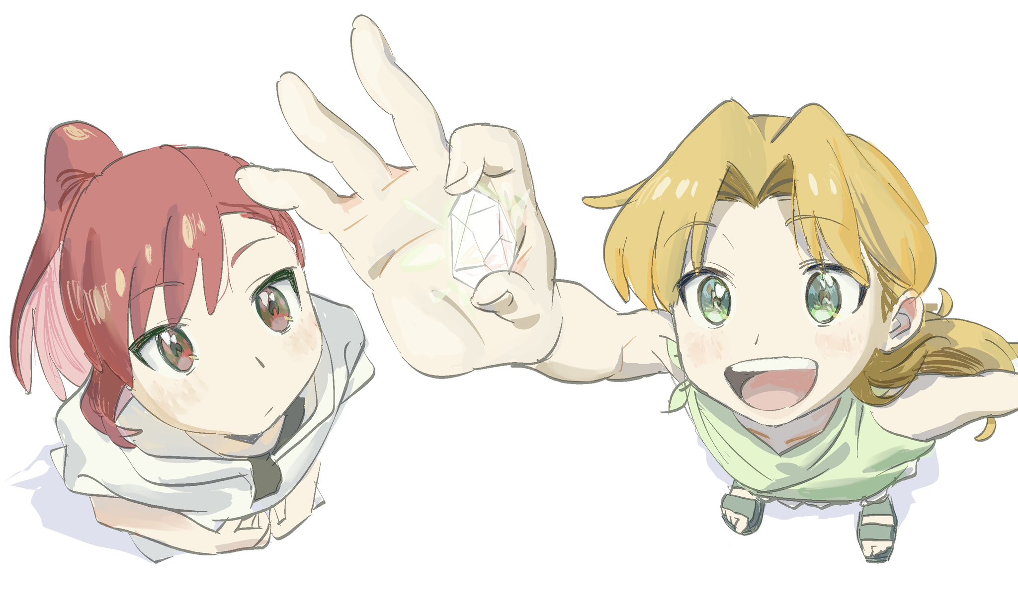 sano (sanohngt), seto shouko, tanigawa ruri, ruri no houseki, highres, 2girls, blonde hair, braid, collarbone, gem, green eyes, happy, holding, long hair, long sleeves, looking up, multiple girls, red eyes, red hair, sandals, single braid, standing, teeth, upper teeth only, white background