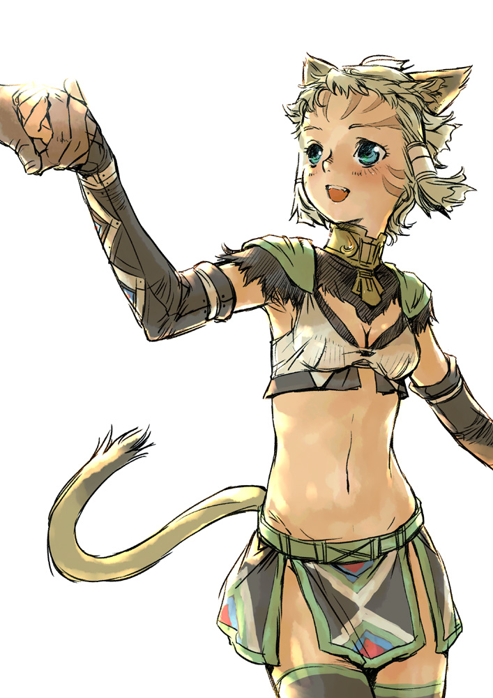 branch (blackrabbits), mithra (ff11), final fantasy, final fantasy xi, bad id, bad pixiv id, 00s, 1girl, animal ears, blonde hair, blue eyes, blush, cat girl, elbow gloves, gloves, happy, holding hands, midriff, navel, short hair, solo focus, tail, thighhighs