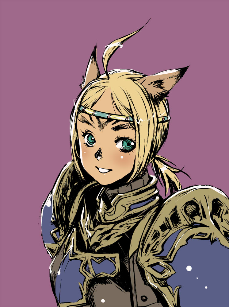 branch (blackrabbits), mithra (ff11), paladin (final fantasy), final fantasy, final fantasy xi, bad id, bad pixiv id, 00s, 1girl, ahoge, animal ears, armor, blonde hair, blush, circlet, female focus, green eyes, paladin, ponytail, short hair, short twintails, simple background, smile, solo, twintails