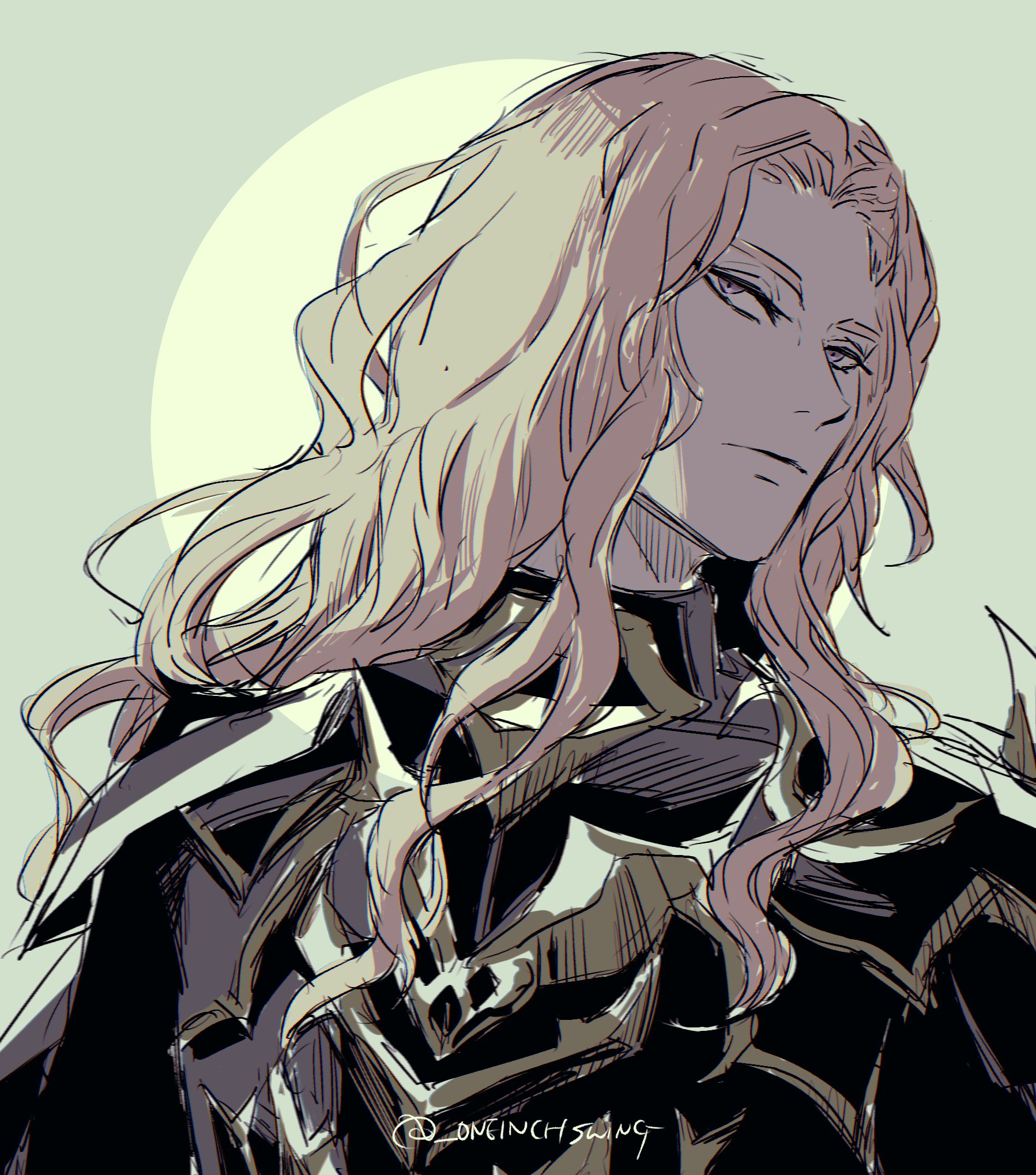 umi ( oneinchswing), dietrich (fire emblem), fire emblem, fire emblem: fortune's weave, nintendo, bilingual commentary, commentary request, highres, mixed-language commentary, 1boy, armor, blonde hair, blue eyes, breastplate, closed mouth, frown, long hair, looking to the side, male focus, parted hair, sideways glance, sketch, solo, spiked armor, twitter username, upper body, wavy hair