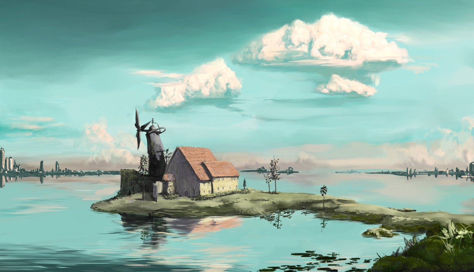 iridori, mill, cloud, day, house, island, landscape, no humans, scenery, sky, water, windmill