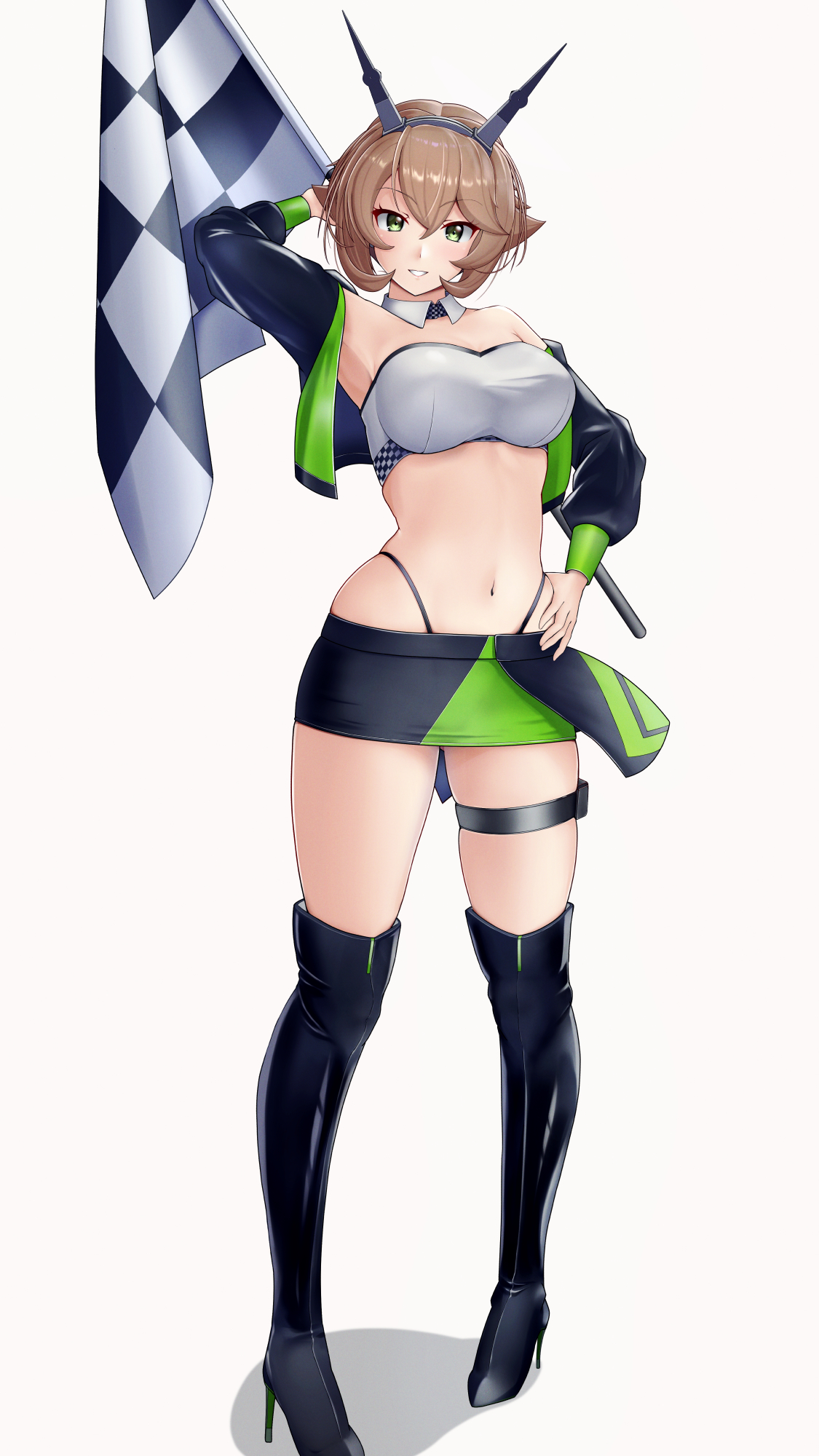 mesera, mutsu (kancolle), zuikaku (kancolle), zuikaku (race queen) (kancolle), kantai collection, highres, 1girl, arm up, bandeau, black boots, black jacket, black panties, black skirt, boots, breasts, brown hair, checkered flag, cosplay, cropped jacket, detached collar, flag, flipped hair, full body, green eyes, green jacket, green skirt, grin, hand on own hip, headgear, high heel boots, high heels, highleg, highleg panties, holding, holding flag, jacket, large breasts, microskirt, multicolored jacket, navel, panties, race queen, radio antenna, short hair, skirt, smile, strapless, thigh strap, tube top, two-tone jacket, two-tone skirt, underwear, white tube top, zuikaku (kancolle) (cosplay)