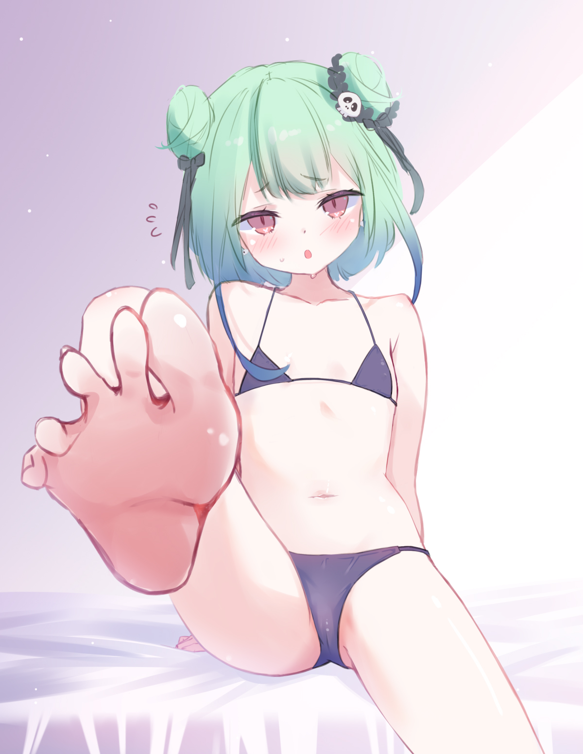 capuchi (111cappuccino), uruha rushia, hololive, highres, 1girl, barefoot, bikini, blush, double bun, feet, flat chest, foot focus, foreshortening, green hair, hair bun, hair ornament, looking at viewer, navel, sitting, skull hair ornament, soles, solo, swimsuit, toes