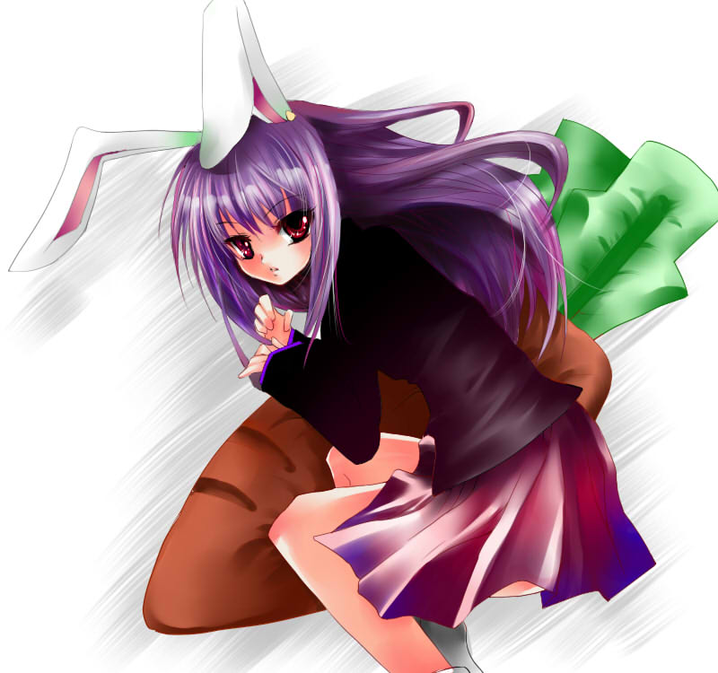 atoshi, reisen udongein inaba, touhou, bad id, bad pixiv id, 1girl, animal ears, carrot, female focus, long hair, purple hair, rabbit ears, skirt, solo, white background