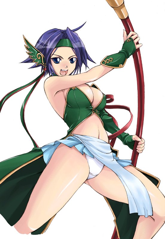 ayamo kaoru, lustercloud, 1girl, armpits, blue eyes, blue hair, breasts, covered erect nipples, female focus, gloves, headband, large breasts, matching hair/eyes, midriff, open mouth, panties, pantyshot, pleated skirt, short hair, simple background, skirt, solo, staff, thighs, underwear, upskirt, white background