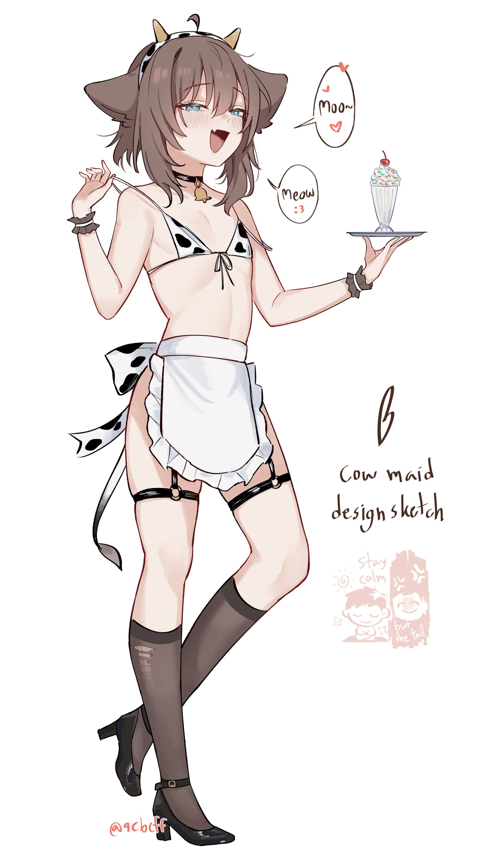 rat squeak, original, absurdres, commentary, english commentary, highres, 1boy, ahoge, animal ears, animal print, apron, bare shoulders, bell, bikini, black shoes, blue eyes, blush, brown hair, brown socks, cat boy, cat ears, chibi, chibi inset, cow horns, cow print, cow print bikini, cowbell, fake horns, fang, full body, half-closed eyes, heart, high heels, holding, holding plate, horns, kneehighs, looking at viewer, male focus, neck bell, o-ring, o-ring thigh strap, open mouth, plate, print bikini, shoes, short hair, simple background, skin fang, smile, socks, solo, spoken heart, standing, standing on one leg, swimsuit, thigh strap, torn clothes, torn socks, trap, twitter username, waist apron, white apron, white background, wrist cuffs