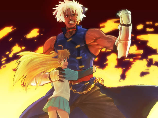 kida sougetsu, vivio, zafira, lyrical nanoha, mahou shoujo lyrical nanoha, mahou shoujo lyrical nanoha strikers, silver hair, 00s, 1boy, 1girl, armpits, blonde hair, blue skirt, clenched hand, clenched teeth, fire, height difference, hetero, hug, long sleeves, looking at viewer, pleated skirt, shirt, skirt, spiked hair, teeth, white shirt