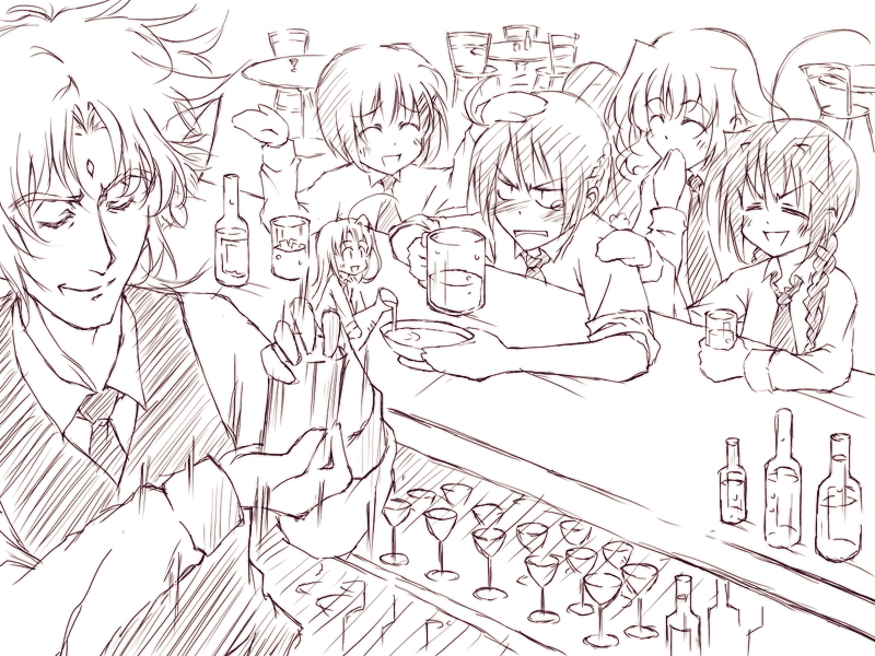 shamal, signum, vita (nanoha), yagami hayate, zafira, lyrical nanoha, mahou shoujo lyrical nanoha, mahou shoujo lyrical nanoha strikers, non-web source, 00s, 1boy, 5girls, bar (place), bartender, brown theme, glasses, monochrome, multiple girls, sketch
