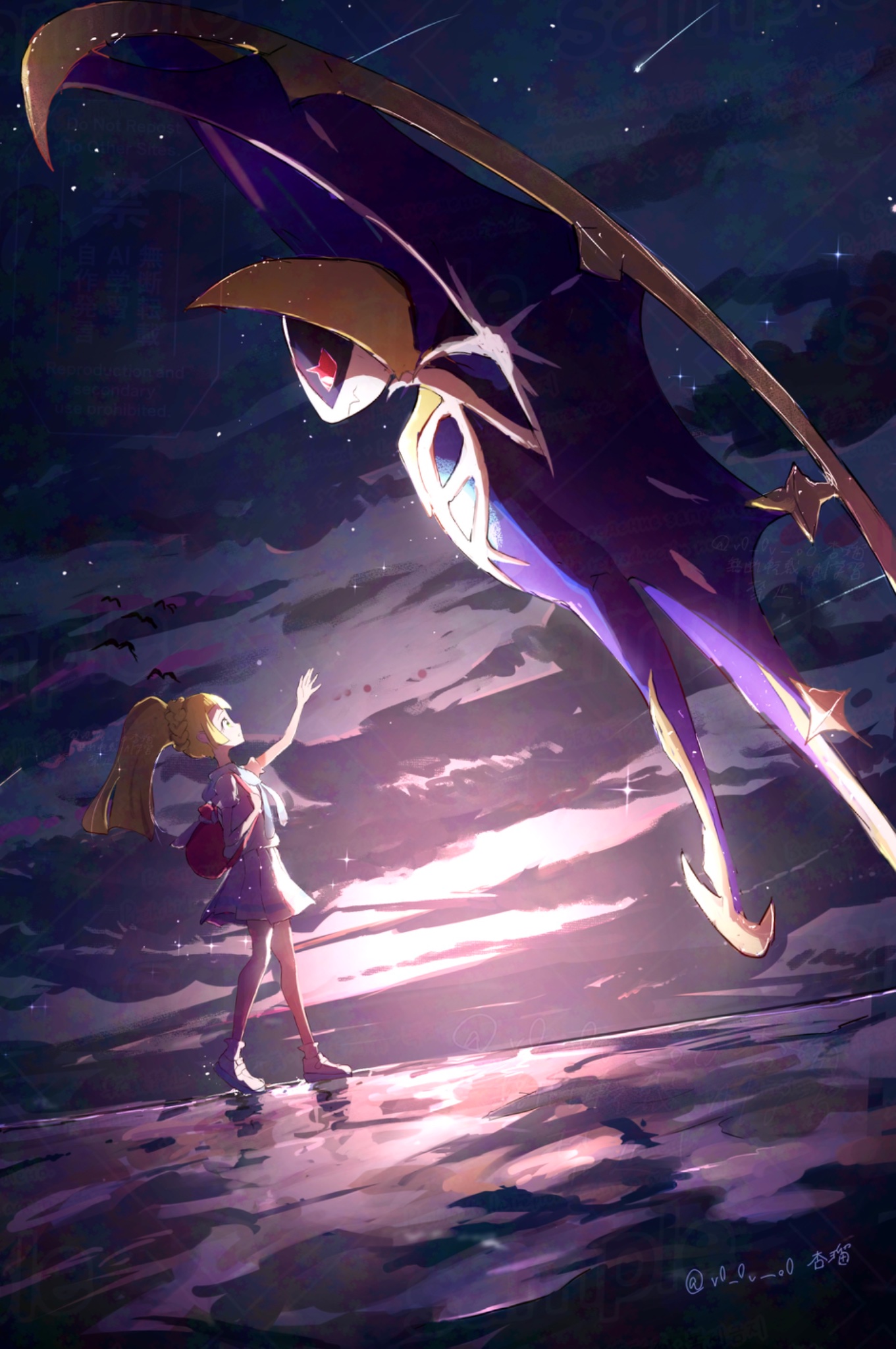 anzu (v0 0v o0), lillie (pokemon), lunala, nintendo, pokemon, pokemon sm, highres, 1girl, backpack, bag, bat (animal), blonde hair, blunt bangs, braid, breasts, closed mouth, colored sclera, fangs, gen 7 pokemon, green eyes, legendary pokemon, long hair, night, night sky, pokemon (creature), ponytail, ponytail with braided base, red sclera, shirt, shoes, short sleeves, skin fangs, skirt, sky, star (sky), white shirt, white skirt