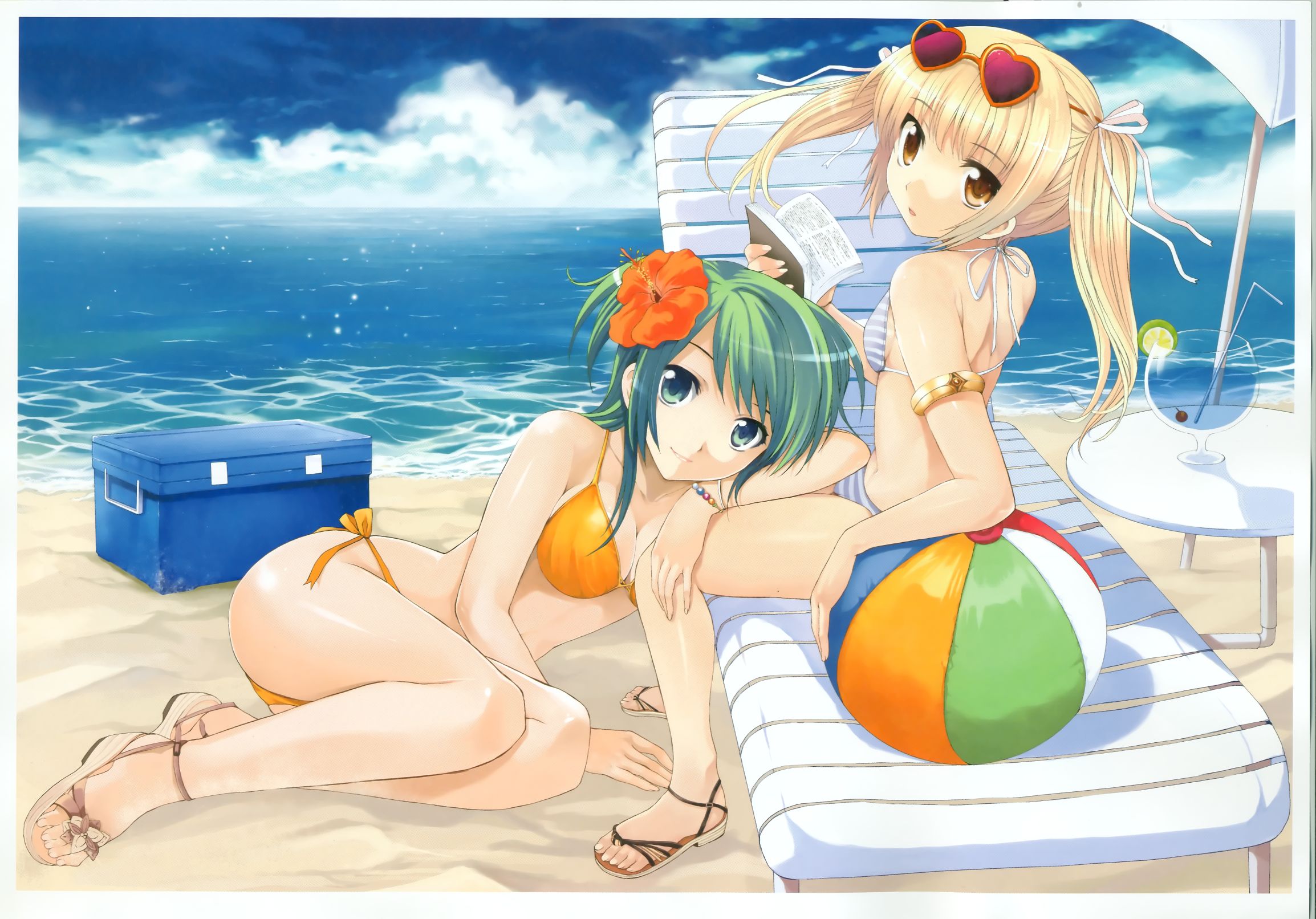 tomozo kaoru, highres, 2girls, ball, beach, bikini, blonde hair, book, bracelet, brown eyes, day, drink, feet, flower, green eyes, green hair, hair flower, hair ornament, hibiscus, jewelry, multiple girls, ocean, outdoors, sand, sandals, side-tie bikini bottom, striped bikini, striped clothes, sunglasses, swimsuit, twintails, water, yellow eyes