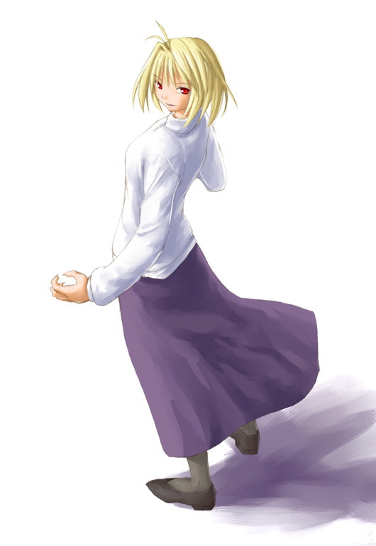 kasuga yukihito, arcueid brunestud, tsukihime, 00s, 1girl, black pantyhose, blonde hair, female focus, long skirt, pantyhose, red eyes, short hair, skirt, solo, sweater, turtleneck