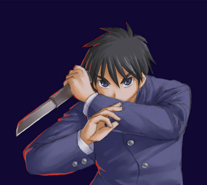kasuga yukihito, tohno shiki, tsukihime, 00s, 1boy, black hair, blue background, blue eyes, buttons, fighting stance, hands up, holding, holding knife, holding weapon, jacket, knife, long sleeves, looking at viewer, male focus, no eyewear, school uniform, serafuku, shirt, simple background, sketch, solo, upper body, weapon, white shirt