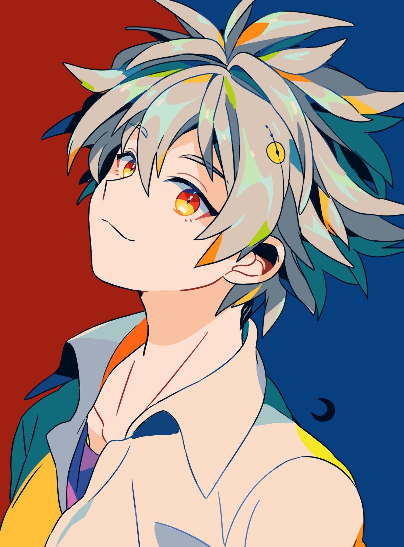 mizuki tsukimori, nagisa kaworu, neon genesis evangelion, commentary request, highres, 1boy, :3, closed mouth, collared shirt, hair between eyes, looking at viewer, male focus, open clothes, open shirt, parted bangs, purple shirt, red eyes, shirt, solo, upper body, white hair, white shirt, wing collar