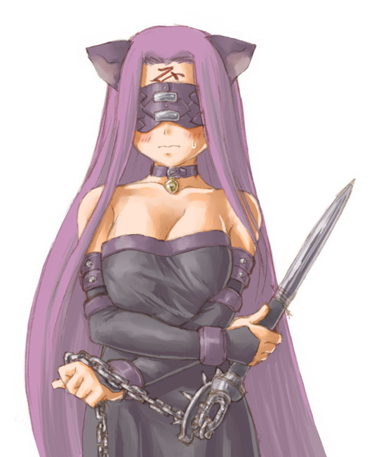 kasuga yukihito, medusa (fate), medusa (rider) (fate), fate/stay night, fate (series), 00s, 1girl, animal ears, bell, blindfold, blush, chain, collar, dress, female focus, jingle bell, long hair, nameless dagger (fate), neck bell, simple background, solo, strapless, strapless dress, very long hair, weapon, white background