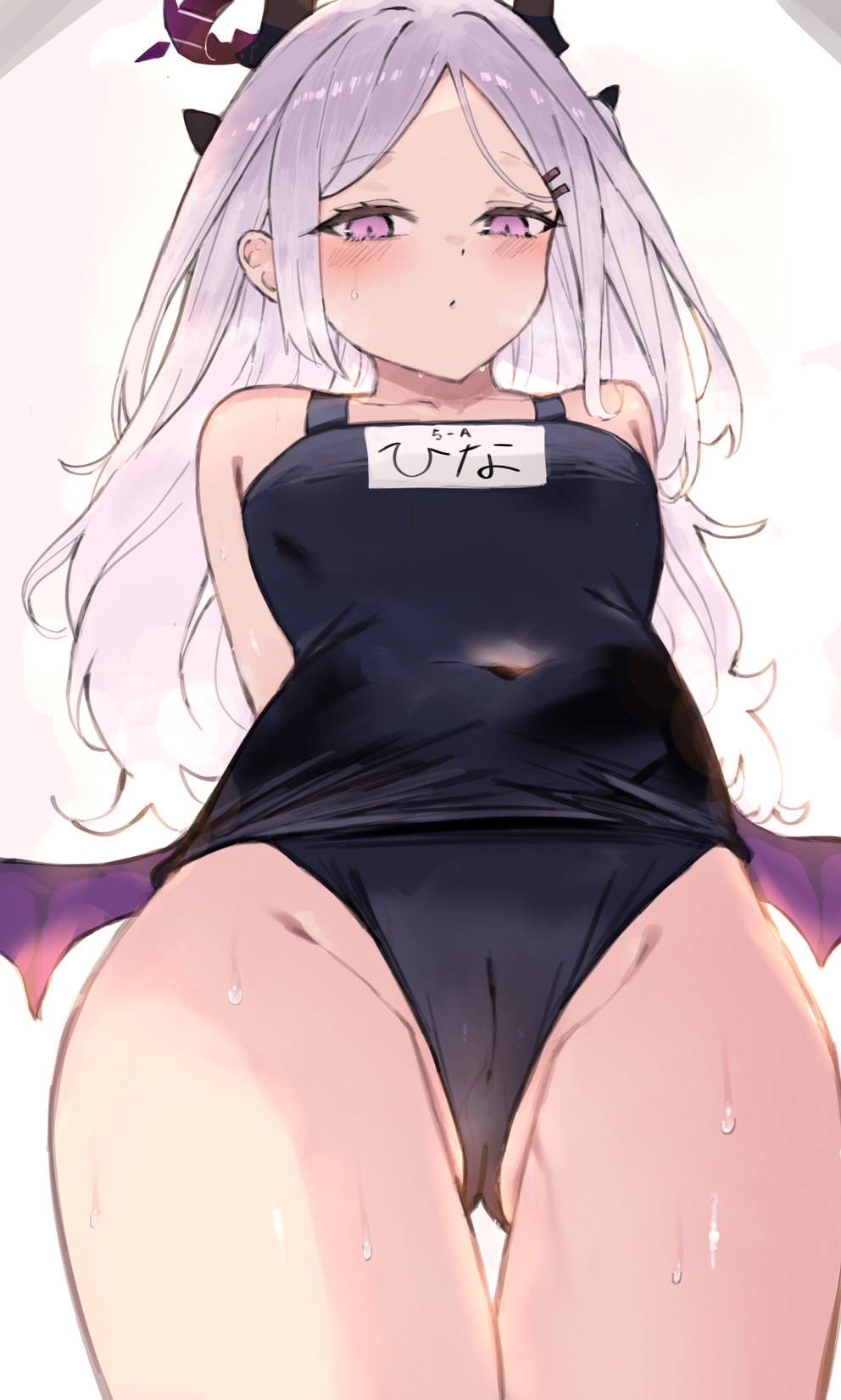 kyuu (plastic night q), hina (blue archive), hina (swimsuit) (blue archive), blue archive, commentary request, highres, 1girl, arms behind back, blue one-piece swimsuit, blush, breasts, cameltoe, closed mouth, covered navel, gluteal fold, halo, looking at viewer, low wings, official alternate costume, one-piece swimsuit, pink eyes, purple halo, purple wings, school swimsuit, small breasts, solo, swimsuit, thighs, white hair, wings