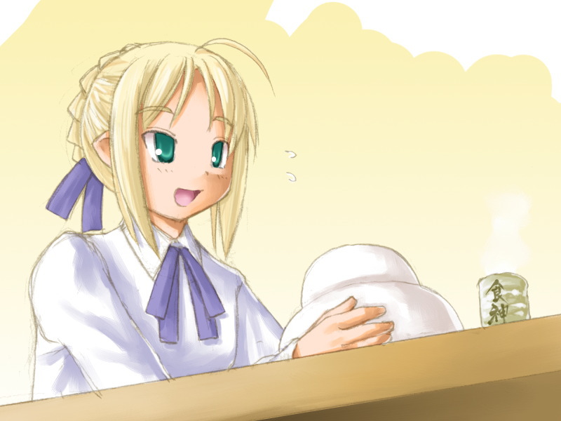 kasuga yukihito, artoria pendragon (fate), saber (fate), fate/stay night, fate (series), 00s, 1girl, ahoge, aqua eyes, blonde hair, blouse, cup, female focus, food, from below, no pupils, open mouth, shirt, short hair, solo, steam, teacup