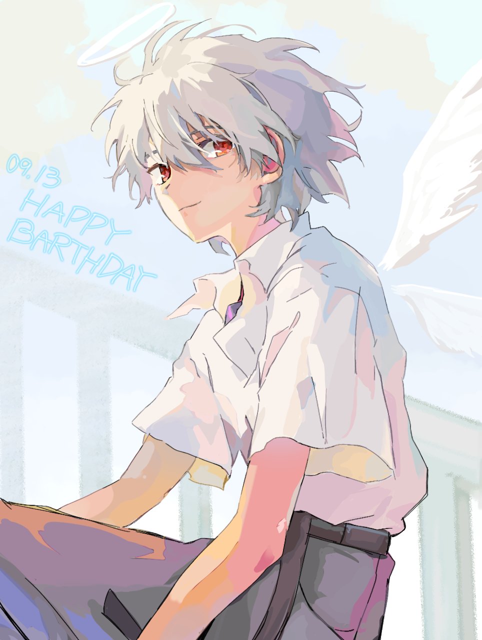 nagisa kaworu, neon genesis evangelion, commentary, hashtag-only commentary, highres, 1boy, angel wings, belt, black belt, closed mouth, collared shirt, dated, floating hair, gguaang 53, grey pants, hair between eyes, halo, happy birthday, looking to the side, male focus, pants, railing, red eyes, shirt, shirt tucked in, short sleeves, sideways glance, sitting, sky, smile, solo, white hair, white shirt, white wings, wing collar, wings