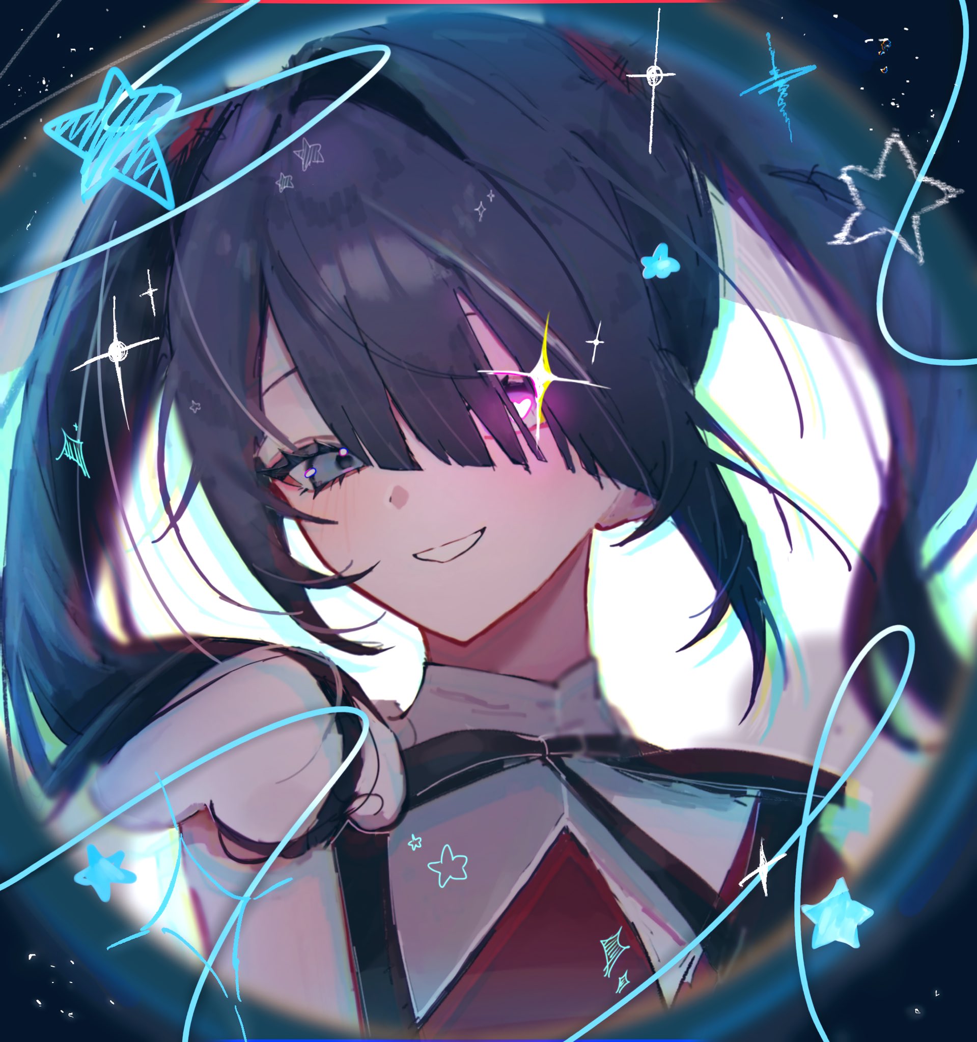 nakataa 7, ame-chan (needy girl overdose), monitoring (vocaloid), needy girl overdose, derivative work, highres, 1girl, :d, black hair, blue eyes, diagonal bangs, fisheye, head tilt, heart, heart-shaped pupils, heterochromia, looking at viewer, neck ribbon, open mouth, parody, pink eyes, portrait, red shirt, ribbon, shirt, short twintails, sidelocks, smile, solo, sparkle, star (symbol), suspenders, symbol-shaped pupils, twintails
