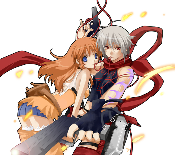 kurot, jo (bakuretsu tenshi), meg (bakuretsu tenshi), bakuretsu tenshi, silver hair, 00s, 2girls, ass, blue eyes, fingerless gloves, gloves, gun, handgun, multiple girls, orange hair, pistol, red eyes, ribbon, scarf, tattoo, weapon