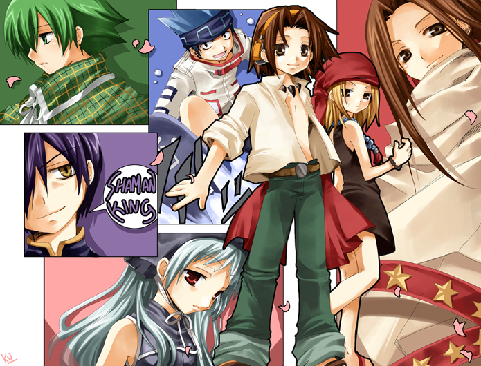 kurot, asakura hao, asakura yoh, iron maiden jeanne, kyouyama anna, lyserg diethel, tao ren, usui horokeu, shaman king, 2girls, 5boys, belt, blonde hair, blue hair, brown eyes, brown hair, dress, green eyes, green hair, hairband, hat, headband, jewelry, multiple boys, multiple girls, necklace, open clothes, open shirt, red eyes, shirt, yellow eyes